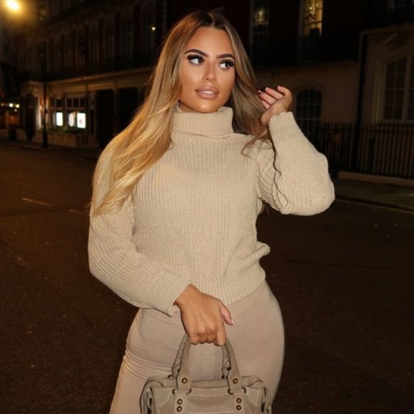 Beige Knitted Long Sleeve Turtle Neck Loose Fit Sweater Top - Picture 8 of 9